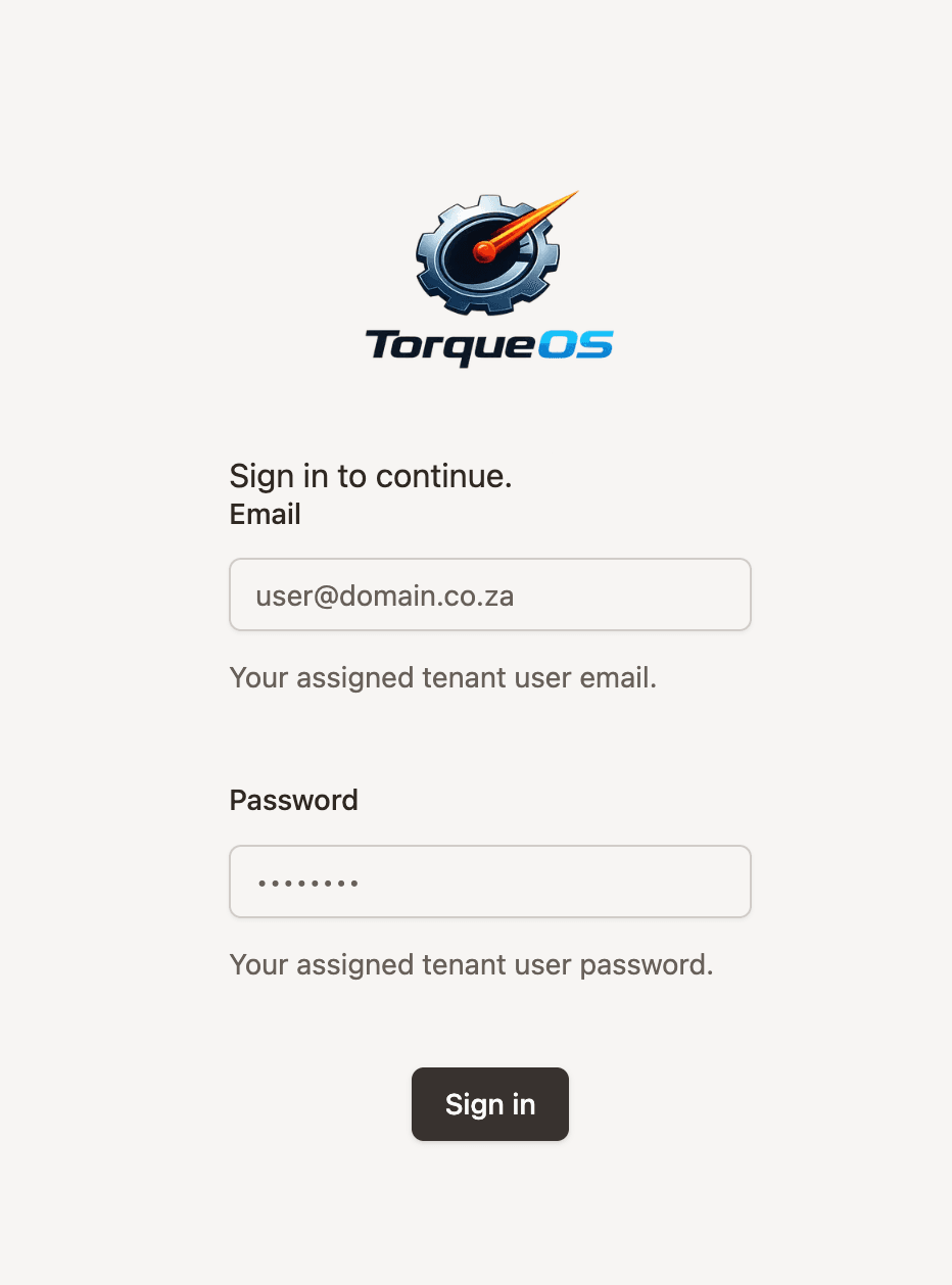 TorqueOS mobile login view