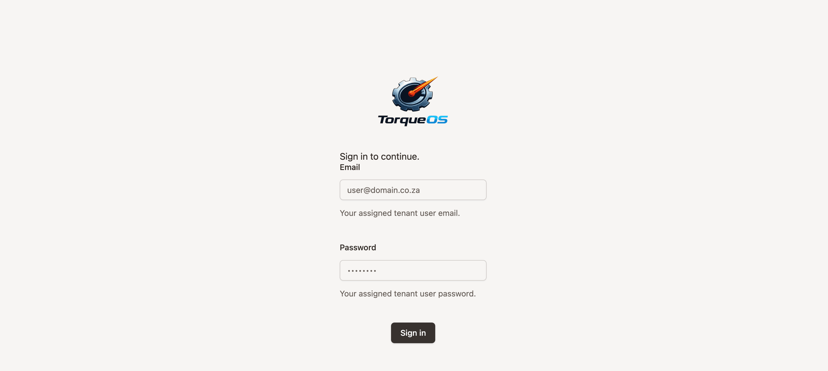 TorqueOS desktop sign-in screen