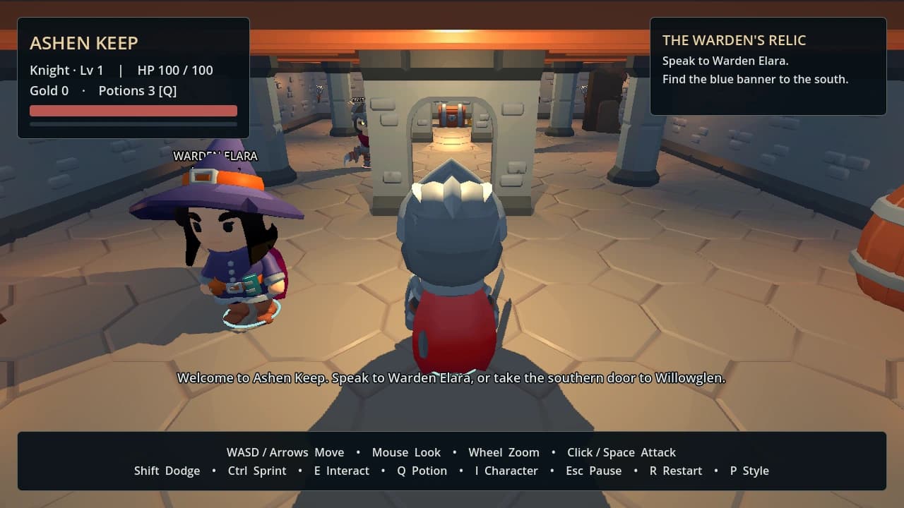 Actual Ashen Keep gameplay showing the knight, Warden Elara and the medieval dungeon.