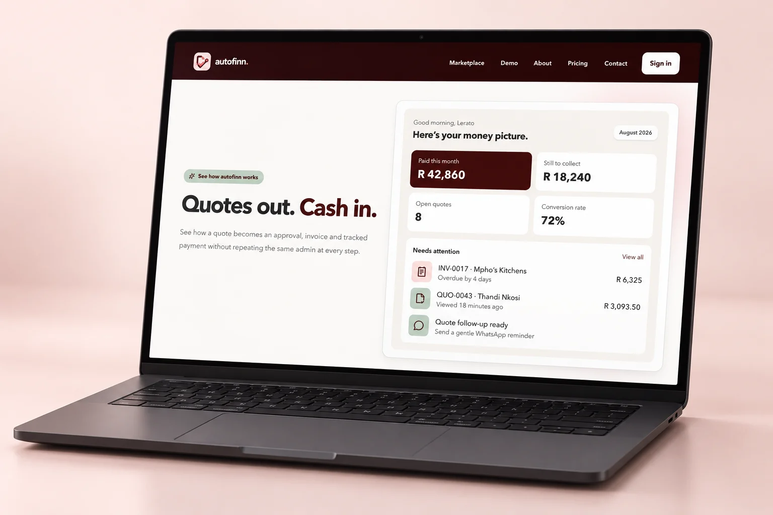 Illustrative sample of the autofinn web application on a laptop