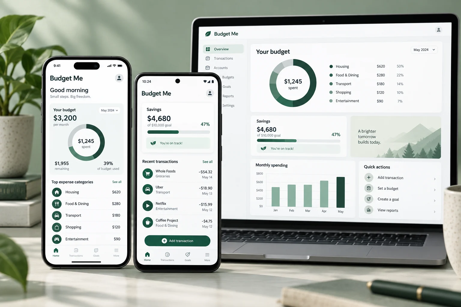 Generated sample of Budget Me budgeting screens on mobile and desktop.