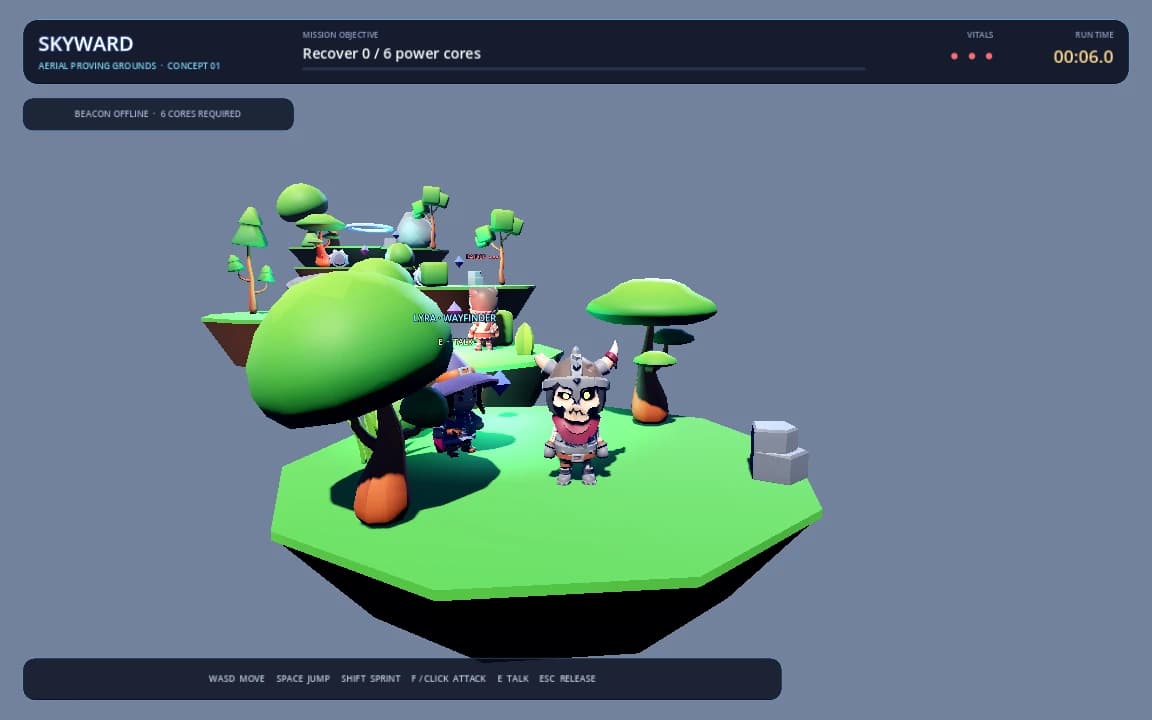 Actual gameplay from creevo3dsample showing the character and floating-island environment.