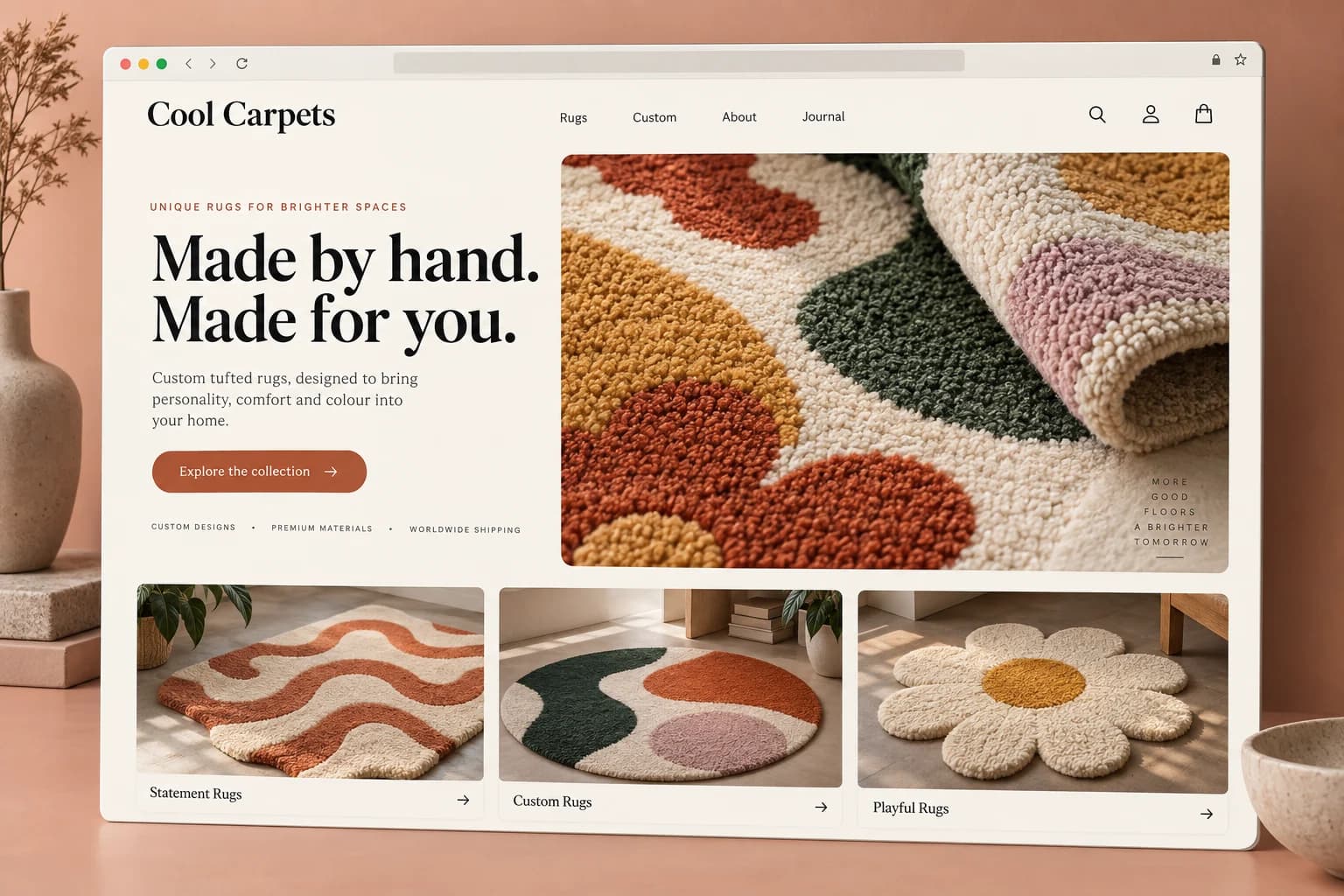 Generated sample of the Cool Carpets website with textured handmade tufted rugs.