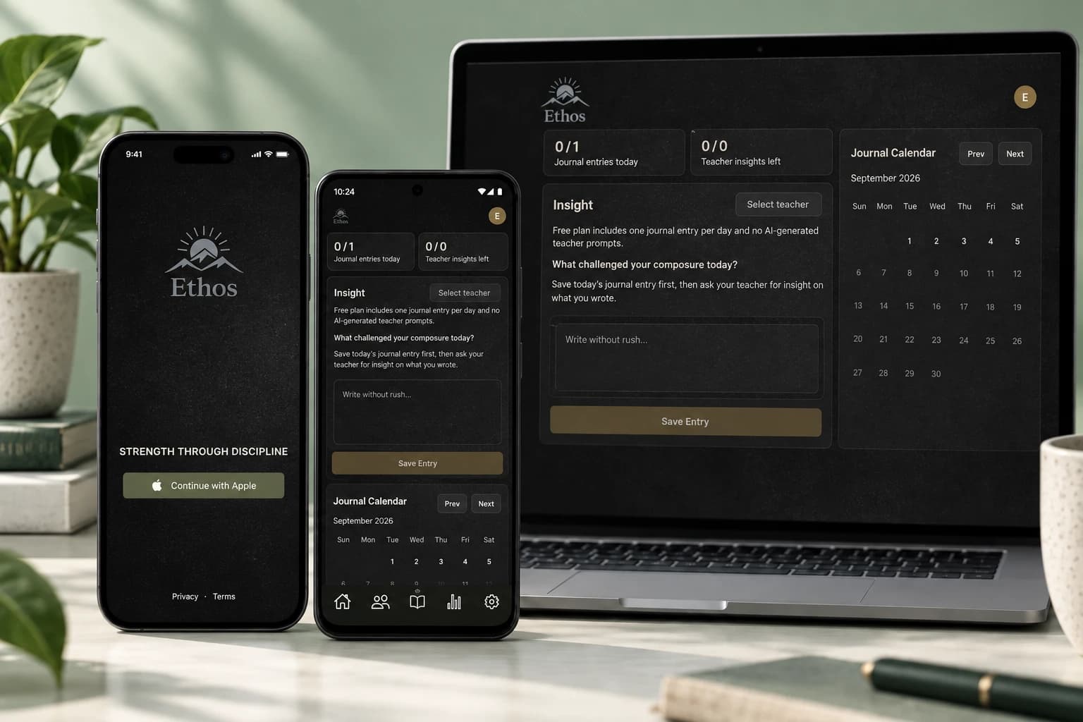 Generated Ethos device mockup showing its welcome and journal interfaces on two phones and a laptop, matching the Budget Me sample presentation.