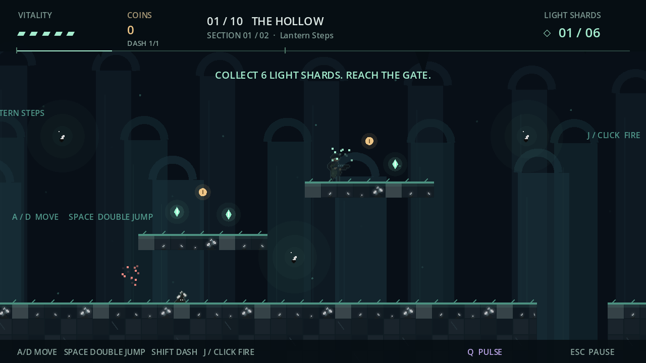 The Darkness Inside gameplay in The Hollow, with the gunslinger exploring a dark pixel-art dungeon.