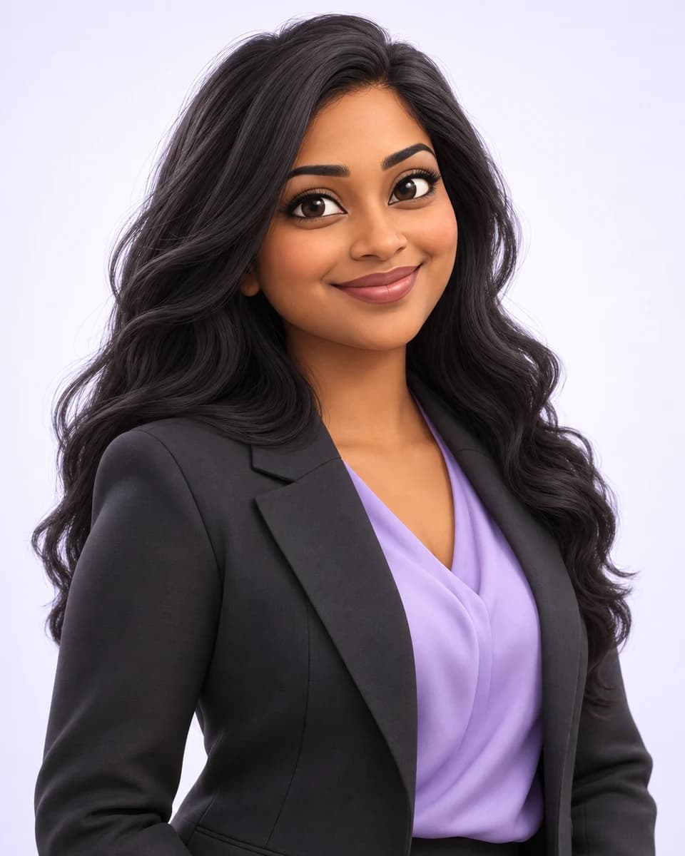 Caricature of Tamlyn Pretorius, an Indian woman with long black hair.