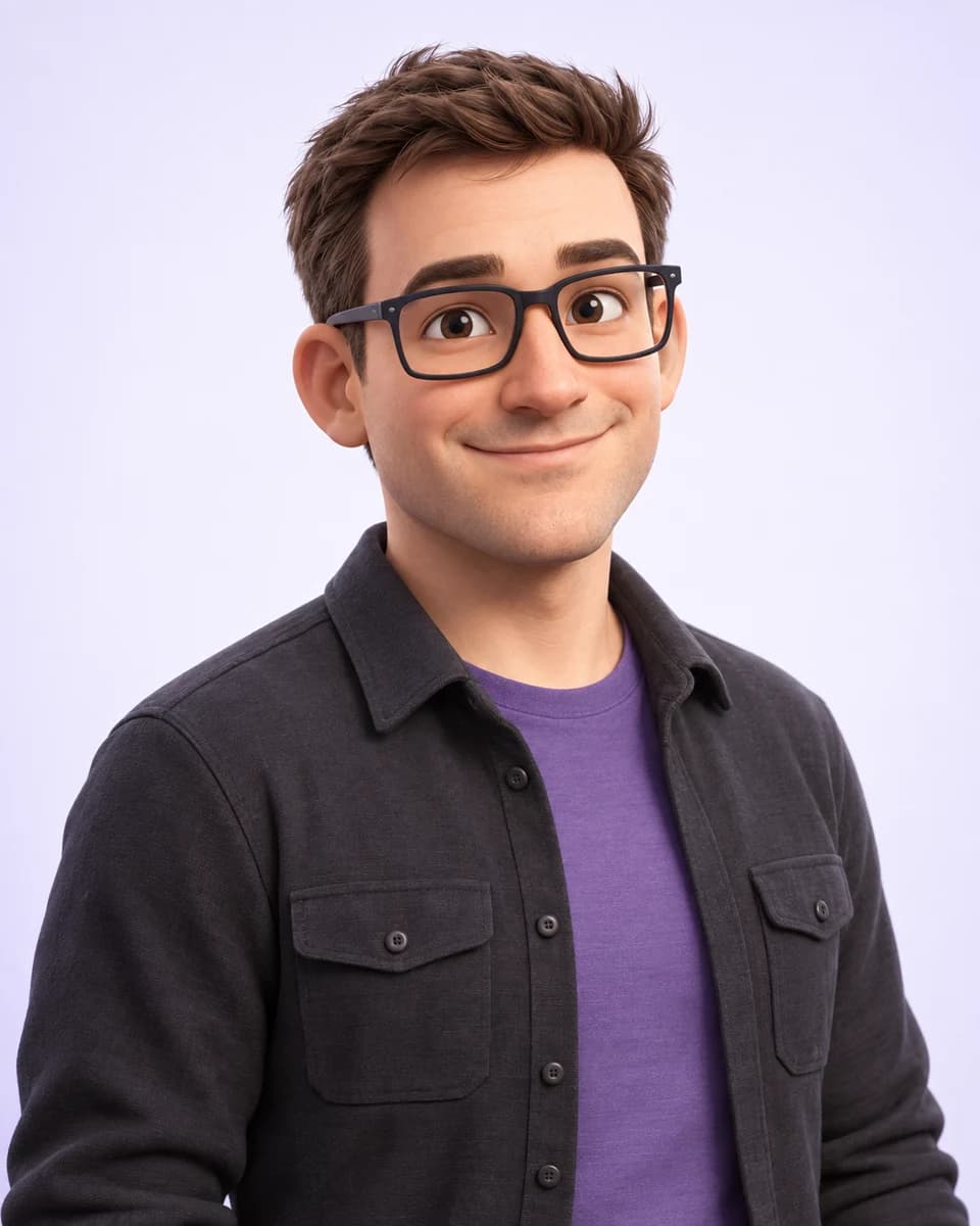 Caricature of Valdez Pretorius with glasses and short brown hair.
