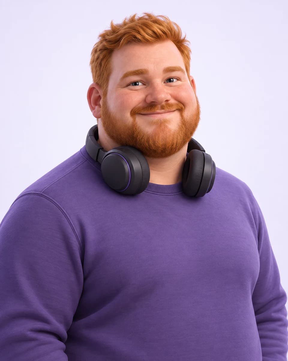 Caricature of Wikus Du Preez with a stout build, ginger hair and headphones.